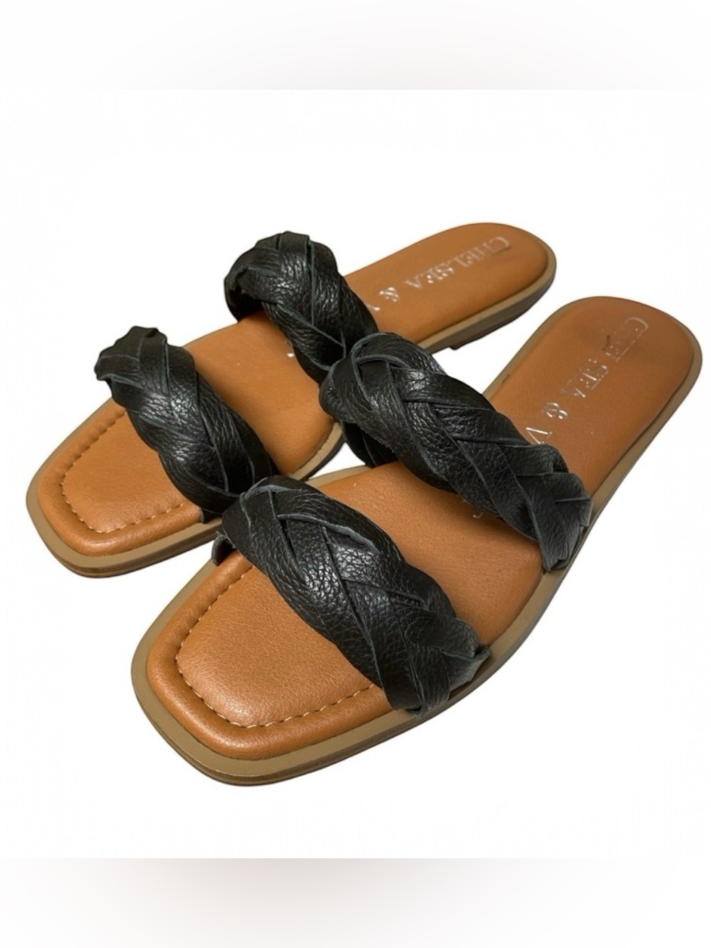 Chelsea & Violet Black Braided Leather Slide Sandals | Size 8M new without Box